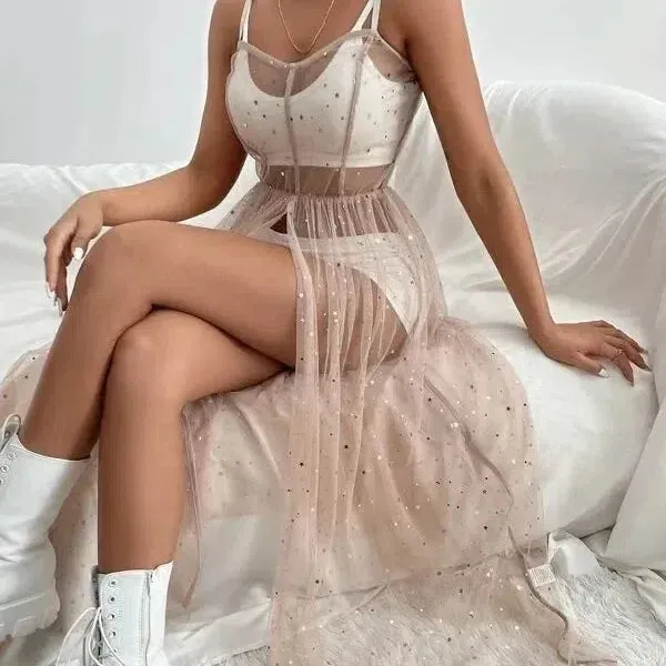 Festival Rave Outfit Mesh Dress Beach Boho Clothing Women Summer Cover Up Robe Long Maxi Dress for Sexy Party Vibes
