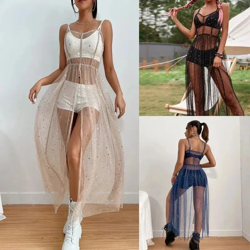Festival Rave Outfit Mesh Dress Beach Boho Clothing Women Summer Cover Up Robe Long Maxi Dress for Sexy Party Vibes