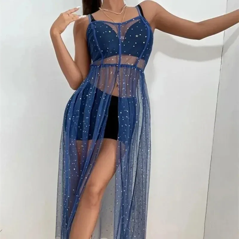 Festival Rave Outfit Mesh Dress Beach Boho Clothing Women Summer Cover Up Robe Long Maxi Dress for Sexy Party Vibes