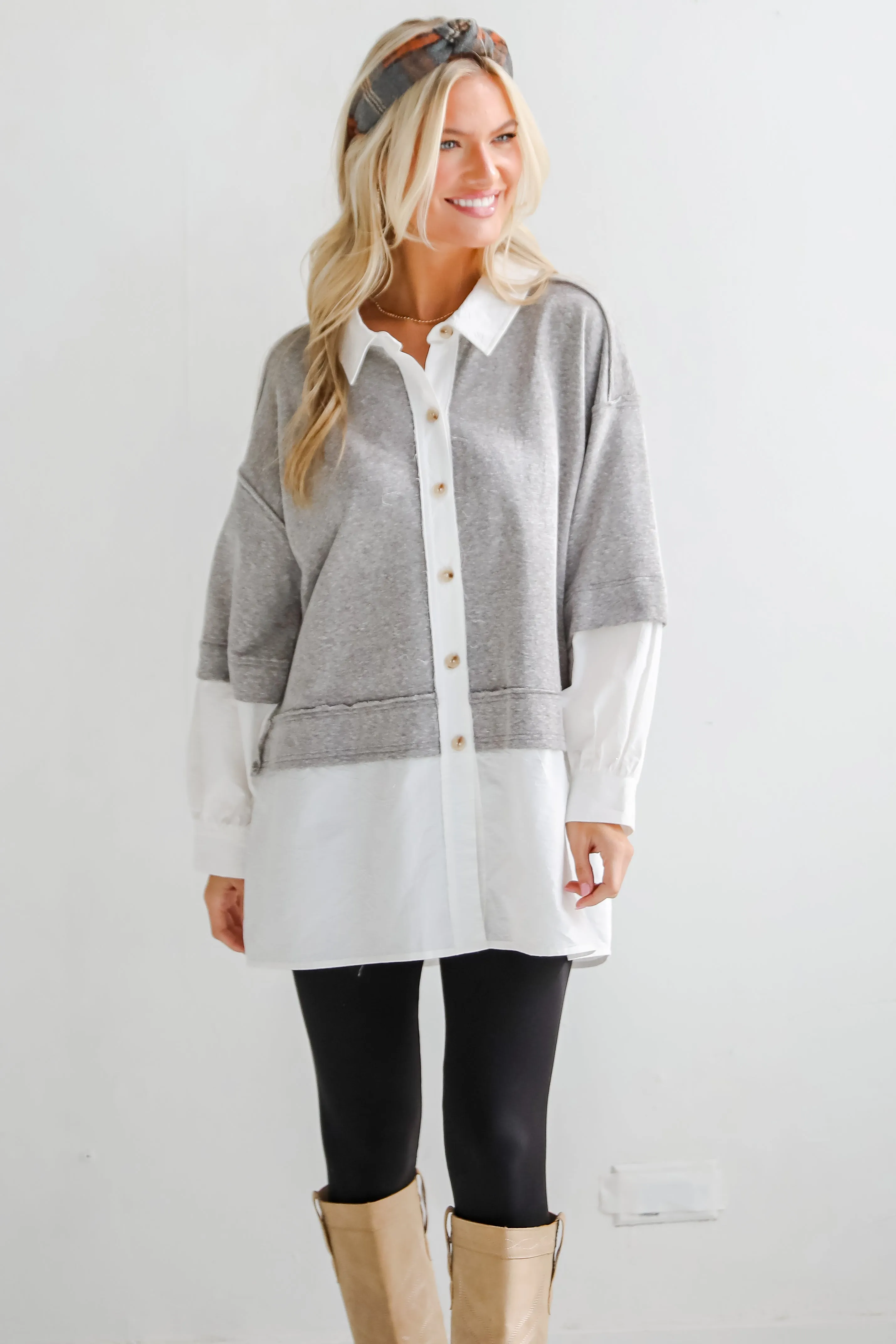 FINAL SALE - Brilliant Cutie Heather Grey Contrast Blouse
