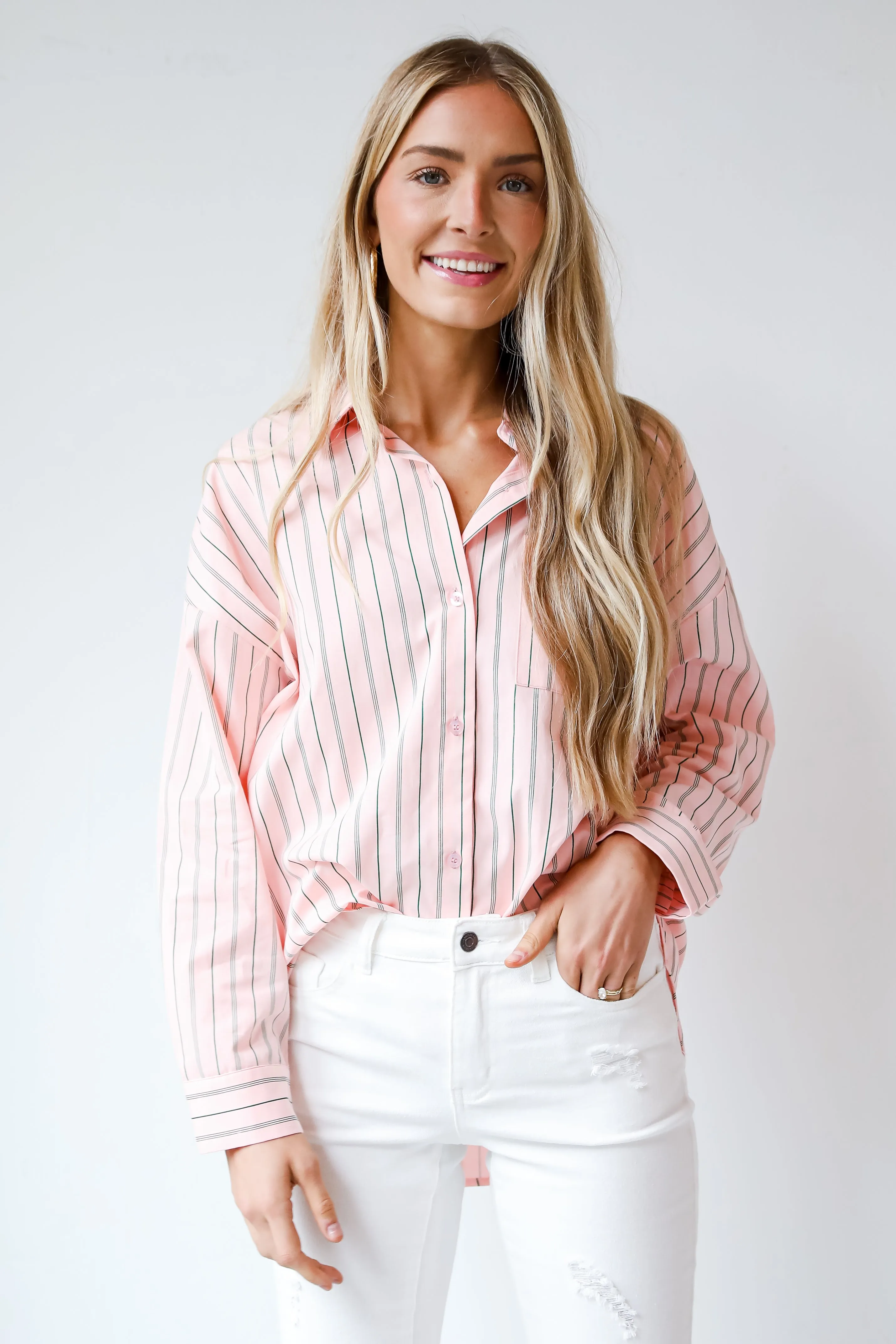 FINAL SALE - Modern Moment Pink Striped Oversized Button-Up Blouse