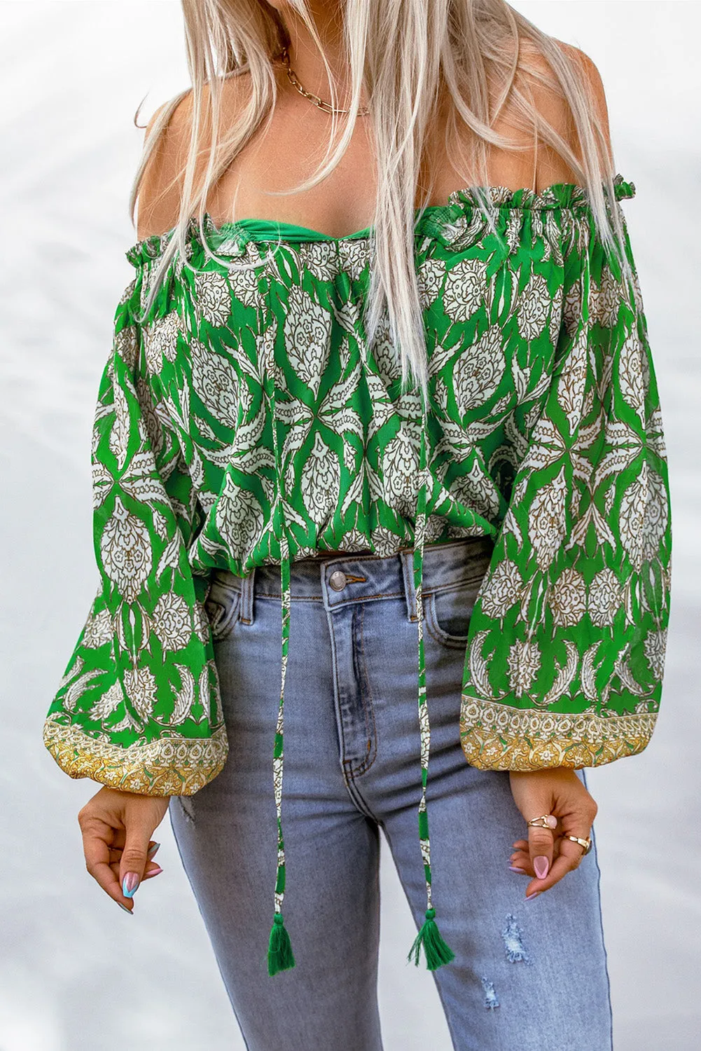 Floral Print Tassel Tie Off Shoulder Blouse