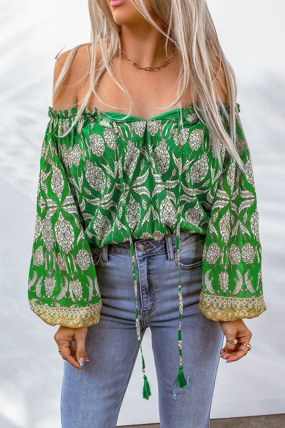 Floral Print Tassel Tie Off Shoulder Blouse
