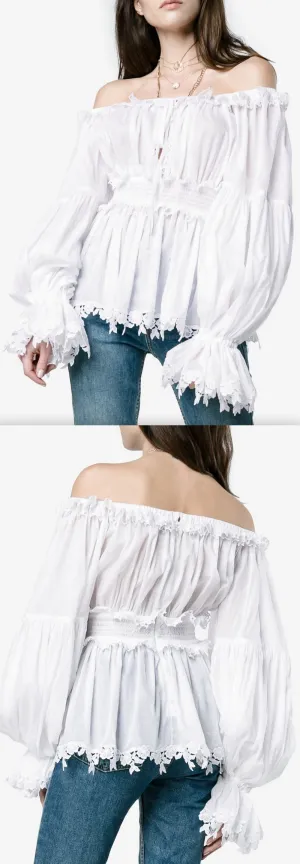 Floral-Trimmed Off-Shoulder Blouse