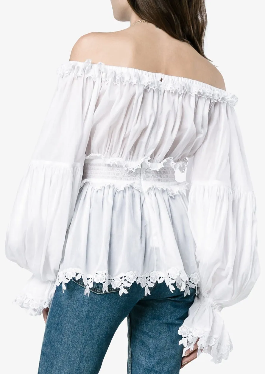 Floral-Trimmed Off-Shoulder Blouse