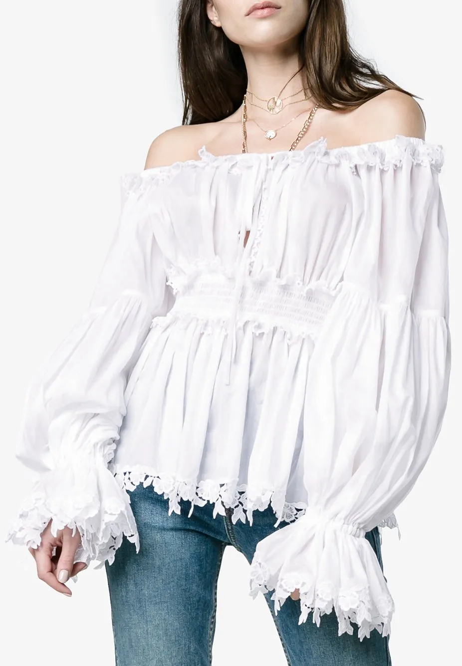 Floral-Trimmed Off-Shoulder Blouse