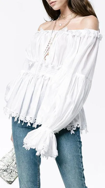 Floral-Trimmed Off-Shoulder Blouse