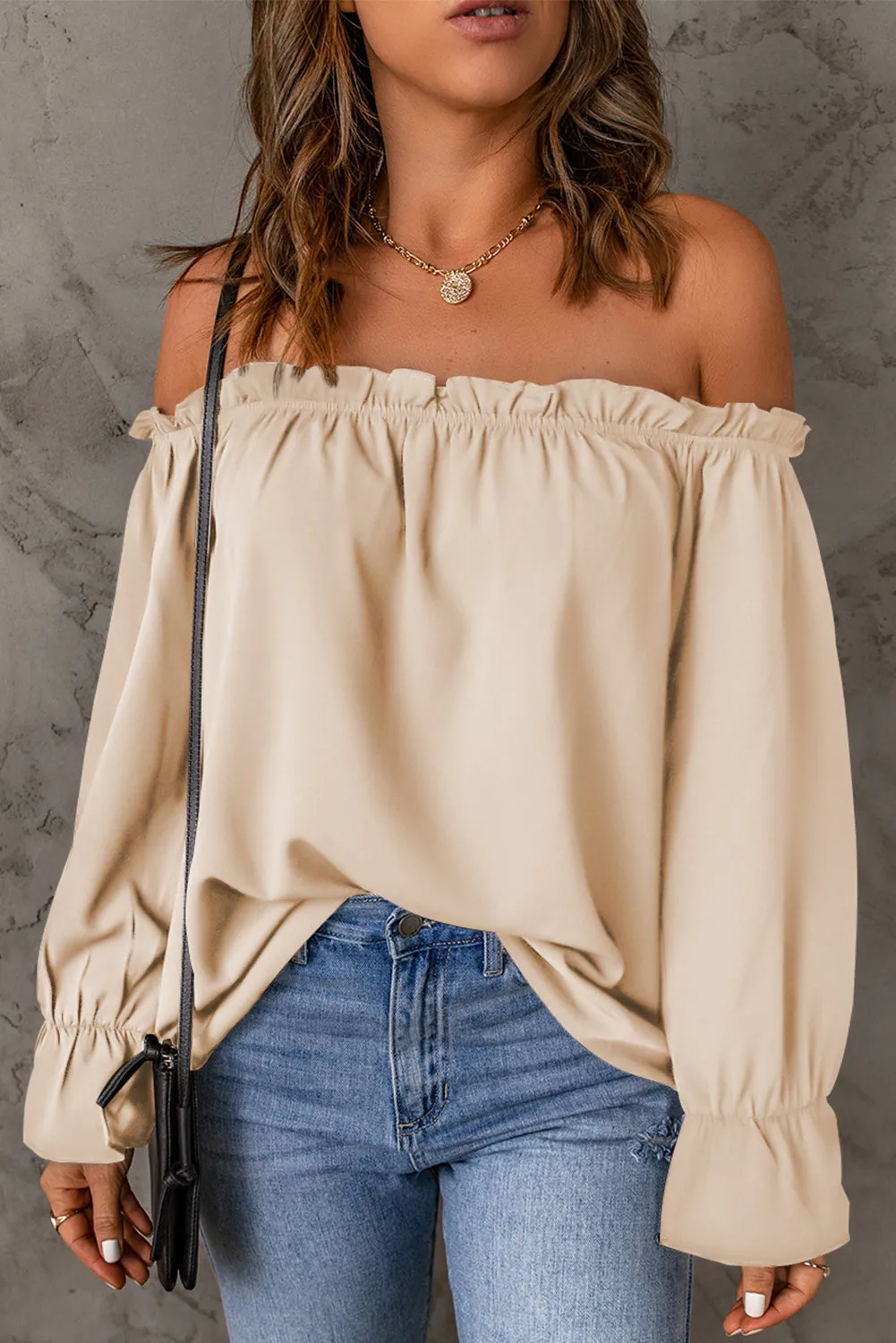 Frilled Off-shoulder Neckline Loose Blouse