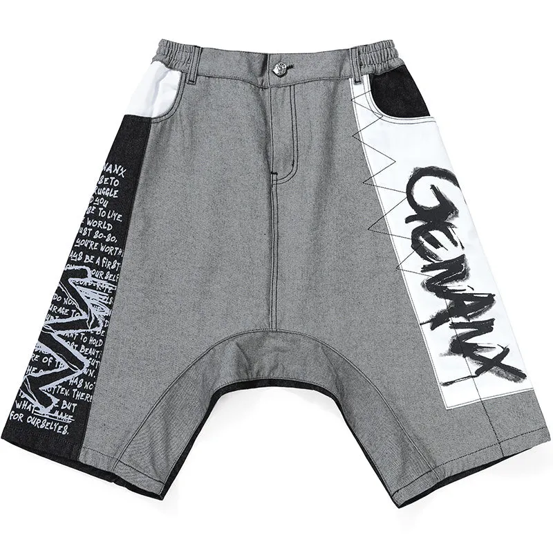 Funny Color Block Graffiti Letter Print Baggy Denim Shorts