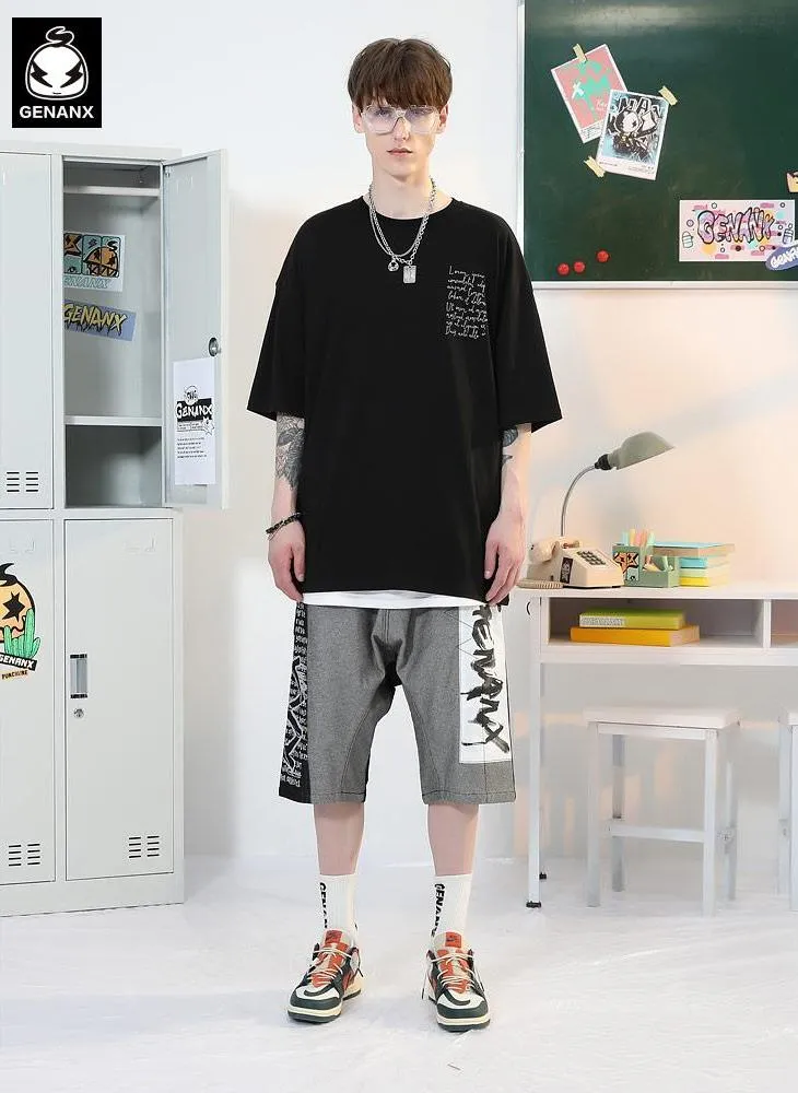 Funny Color Block Graffiti Letter Print Baggy Denim Shorts