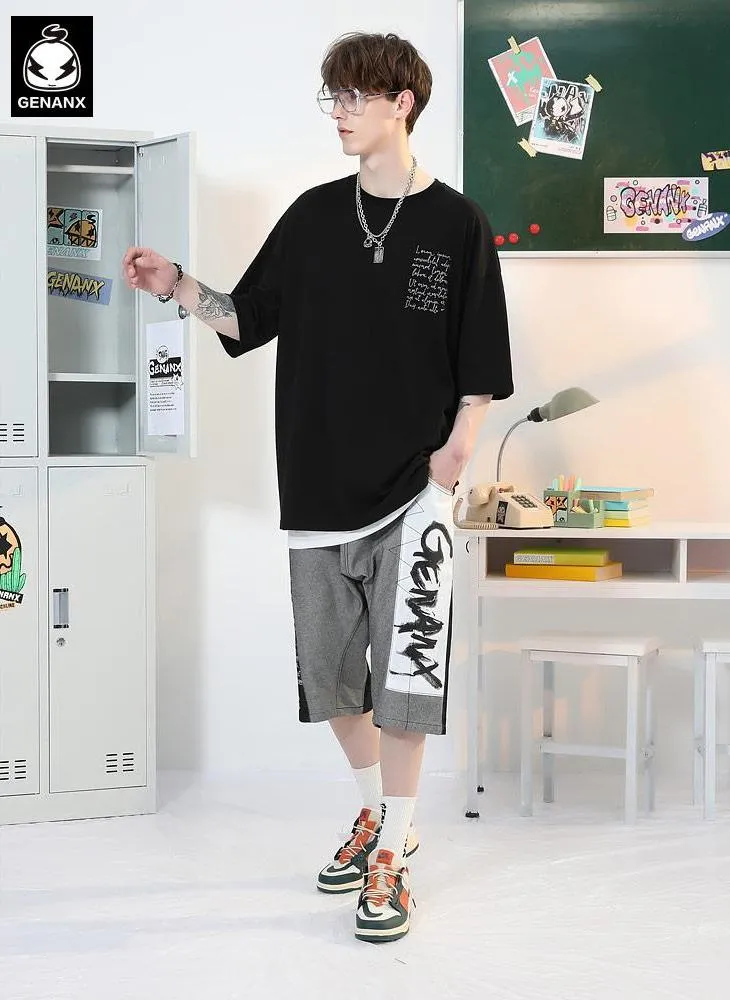 Funny Color Block Graffiti Letter Print Baggy Denim Shorts