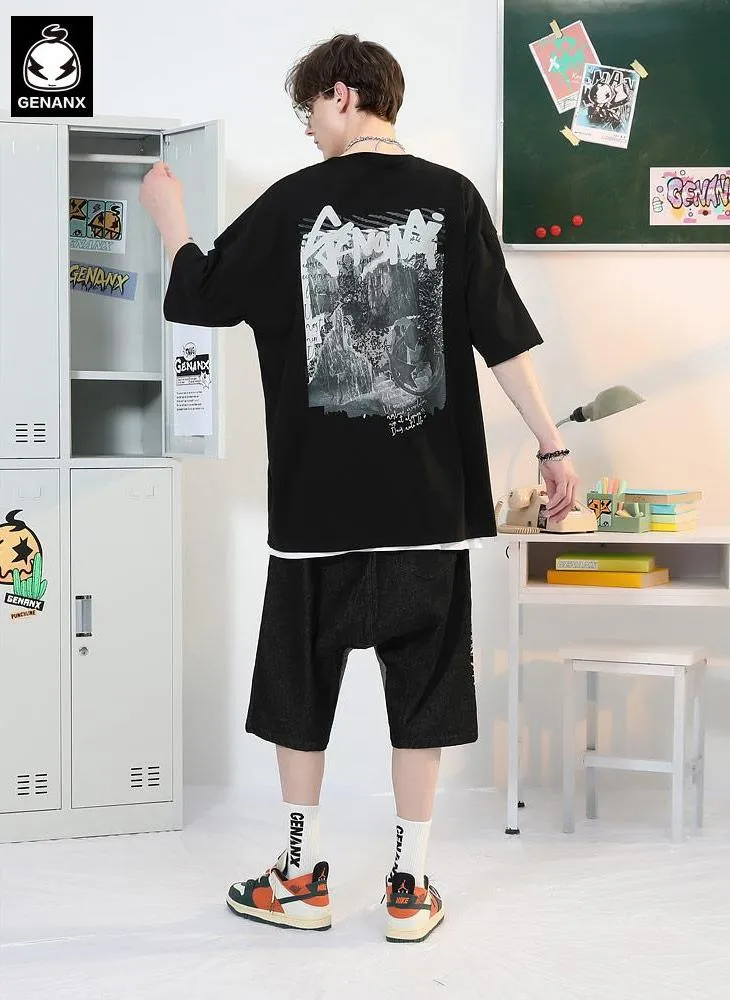Funny Color Block Graffiti Letter Print Baggy Denim Shorts