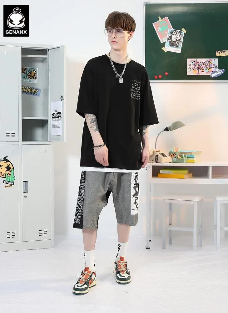 Funny Color Block Graffiti Letter Print Baggy Denim Shorts