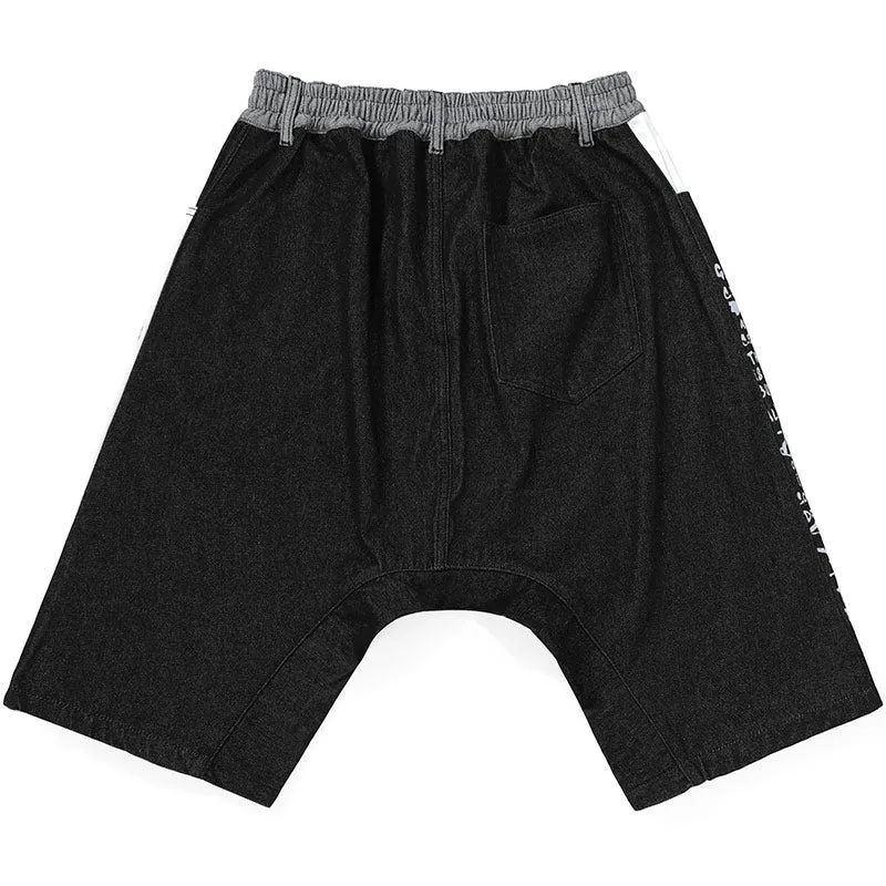 Funny Color Block Graffiti Letter Print Baggy Denim Shorts