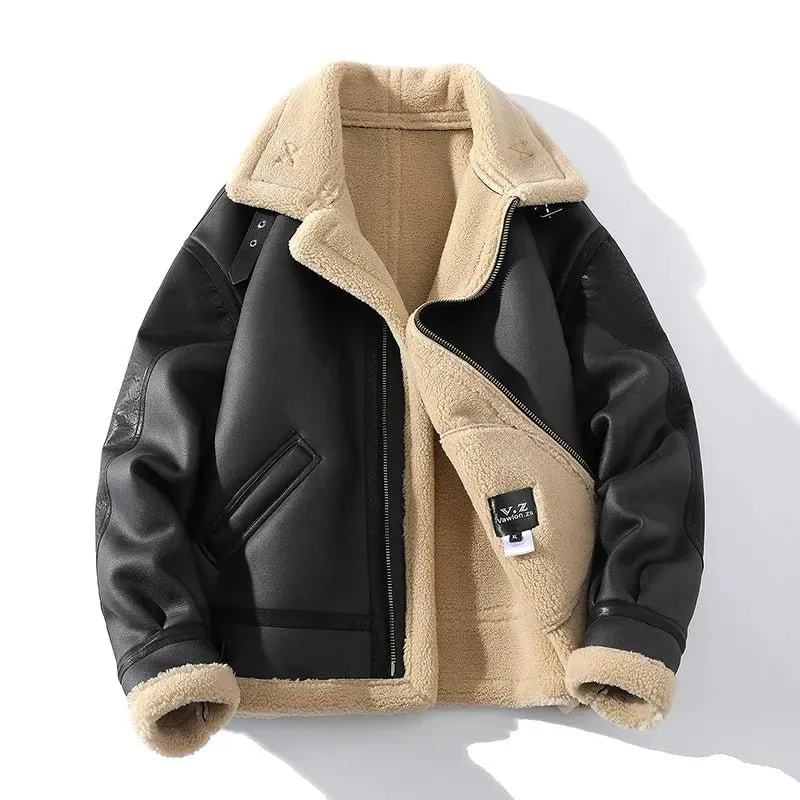 Fur Men's Autumn Winter Thickening High-end Brand Leather Jacket / Plus Velvet Thickening Fashion Large Size Khaki Man PU Jacket