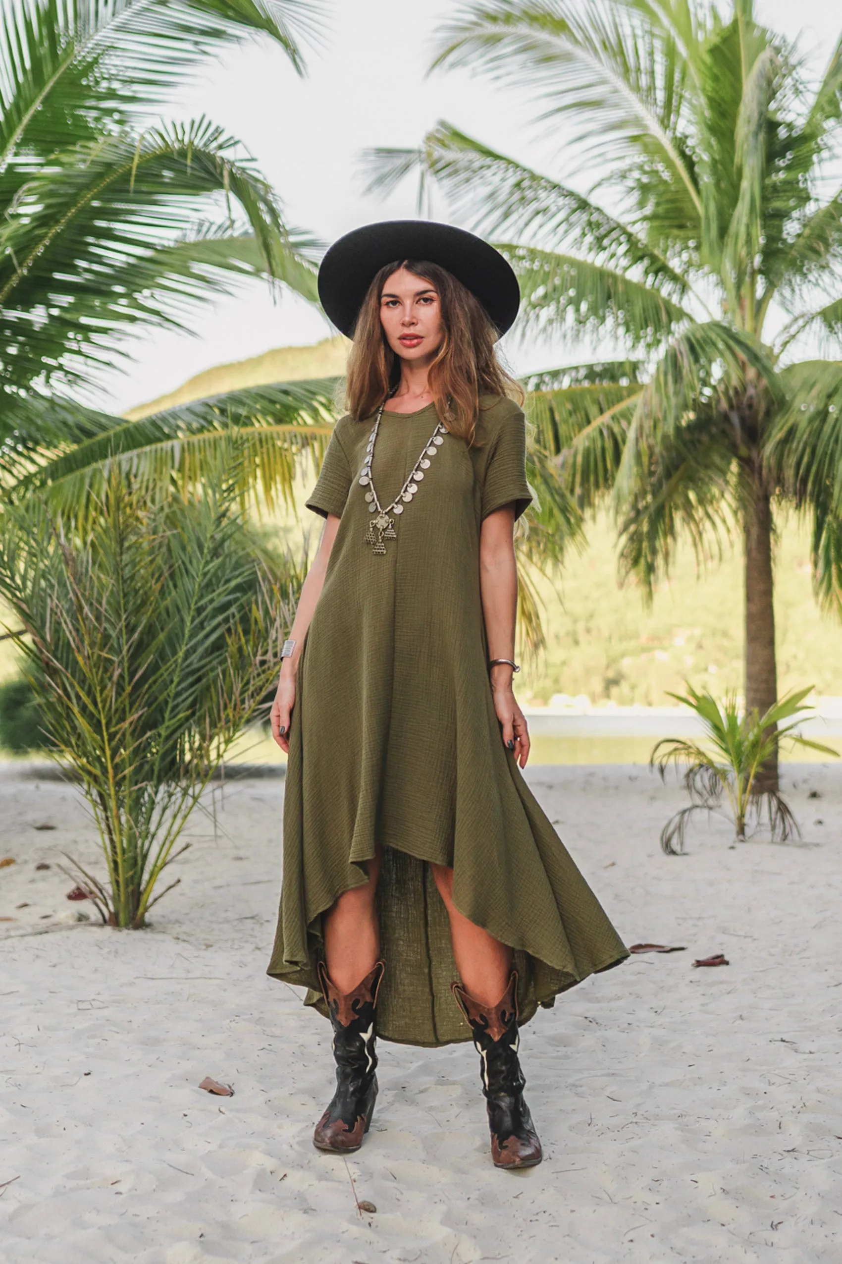Gauze Cotton Dress Rhea Olive