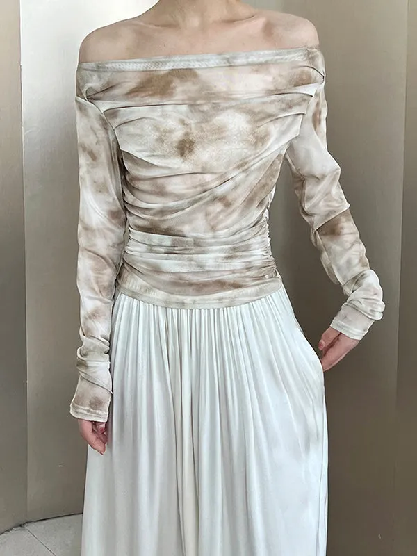 Gauze Pleated Split-Joint Tie-Dyed Skinny Sun-Protection Off-The-Shoulder Blouses&Shirts Tops