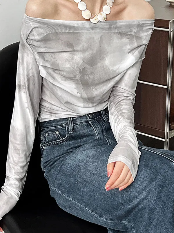 Gauze Pleated Split-Joint Tie-Dyed Skinny Sun-Protection Off-The-Shoulder Blouses&Shirts Tops