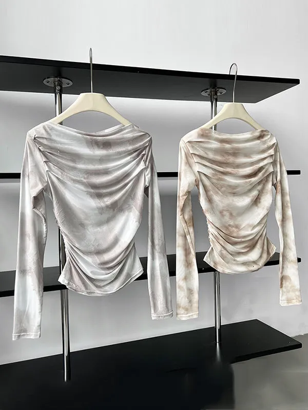 Gauze Pleated Split-Joint Tie-Dyed Skinny Sun-Protection Off-The-Shoulder Blouses&Shirts Tops