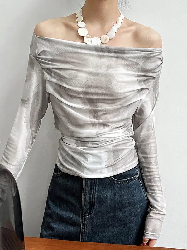 Gauze Pleated Split-Joint Tie-Dyed Skinny Sun-Protection Off-The-Shoulder Blouses&Shirts Tops