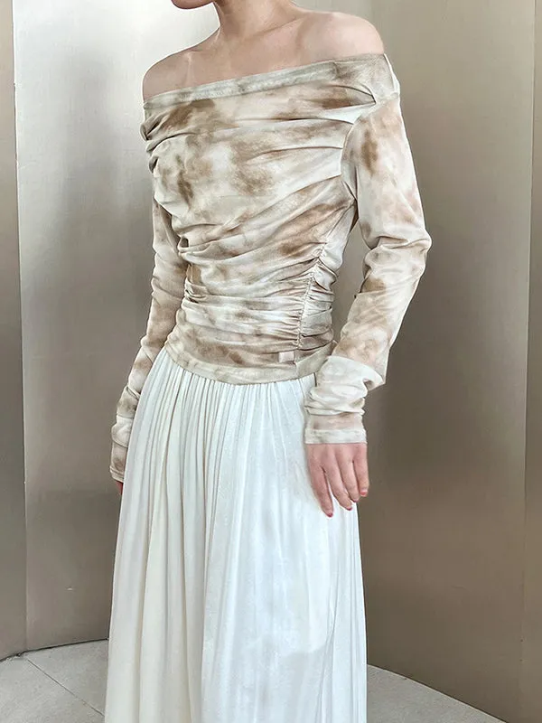 Gauze Pleated Split-Joint Tie-Dyed Skinny Sun-Protection Off-The-Shoulder Blouses&Shirts Tops
