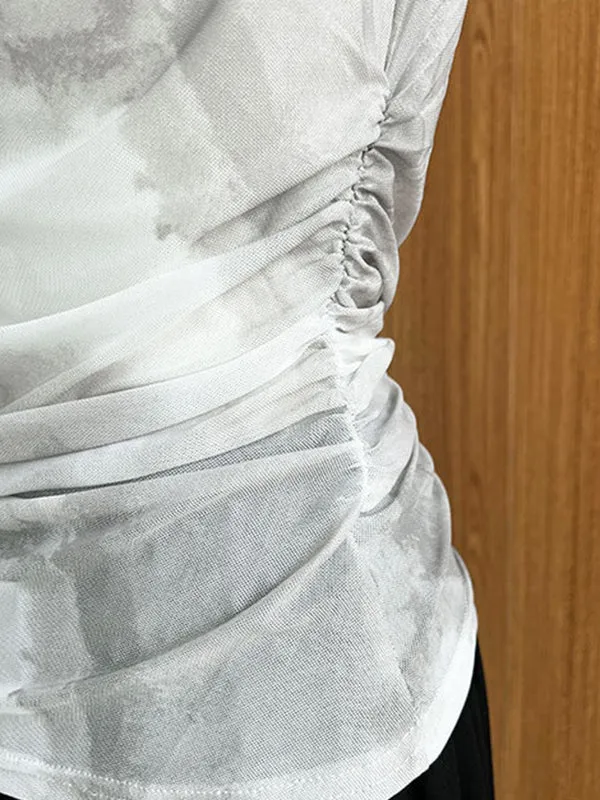 Gauze Pleated Split-Joint Tie-Dyed Skinny Sun-Protection Off-The-Shoulder Blouses&Shirts Tops