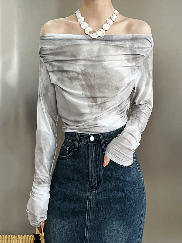 Gauze Pleated Split-Joint Tie-Dyed Skinny Sun-Protection Off-The-Shoulder Blouses&Shirts Tops