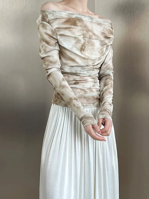 Gauze Pleated Split-Joint Tie-Dyed Skinny Sun-Protection Off-The-Shoulder Blouses&Shirts Tops
