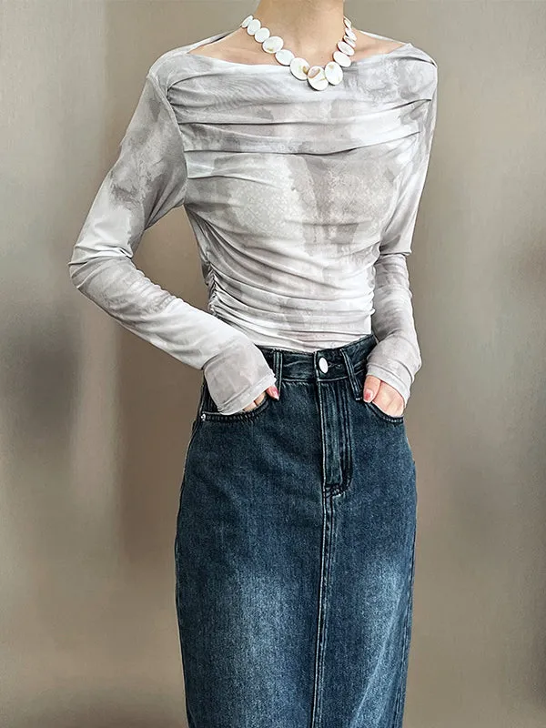 Gauze Pleated Split-Joint Tie-Dyed Skinny Sun-Protection Off-The-Shoulder Blouses&Shirts Tops