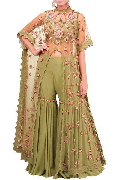 Georgette Heavily Embroidered Khaki Green /Red/Pink/Lavender 44" wide