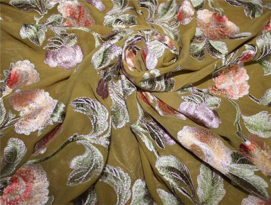 Georgette Heavily Embroidered Khaki Green /Red/Pink/Lavender 44" wide
