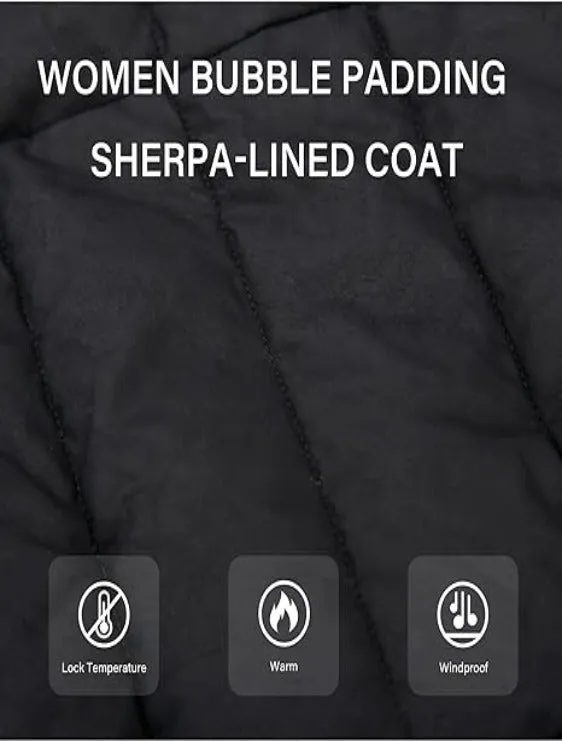 Giolshon Women's Puffer Jacket Faux Leather Bubble Padding Sherpa-Lined Coat