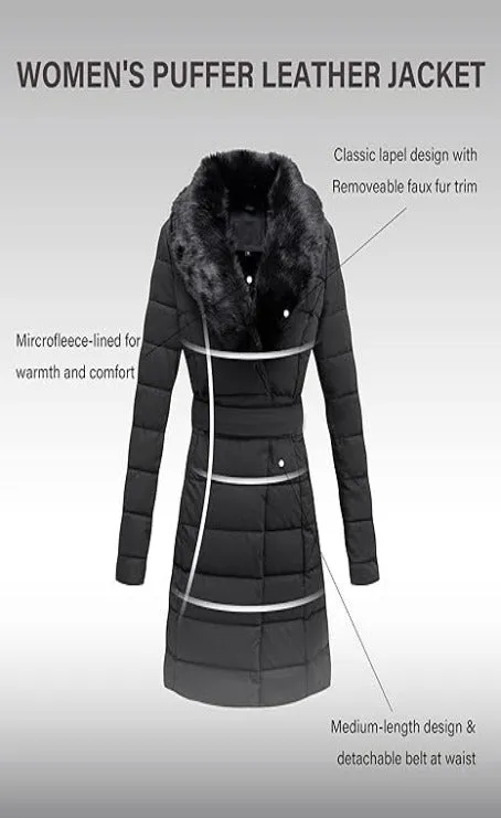 Giolshon Women's Puffer Jacket Faux Leather Bubble Padding Sherpa-Lined Coat