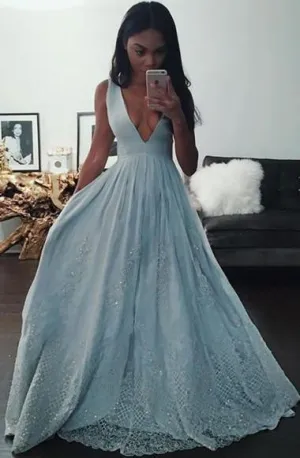 Glamorous Deep V-neck Floor-Length Blue Prom Dress Beading TR0086