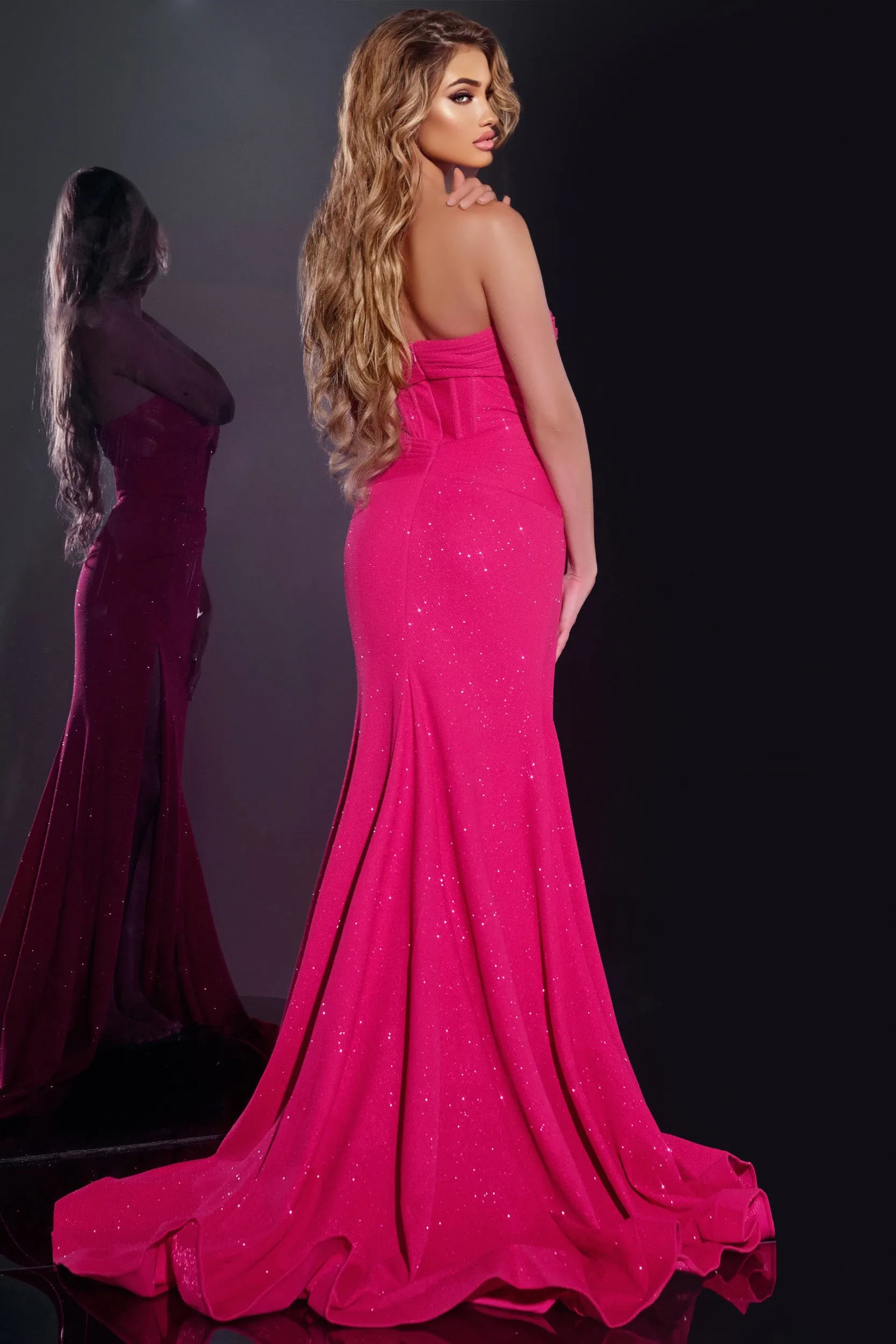 Glitter Fitted Strapless Slit Gown by Jovani 43065