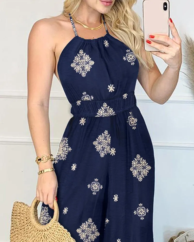 Graphic Print Halter Backless Side Slit Shirred Wide Leg Jumpsuit Vacation Overalls