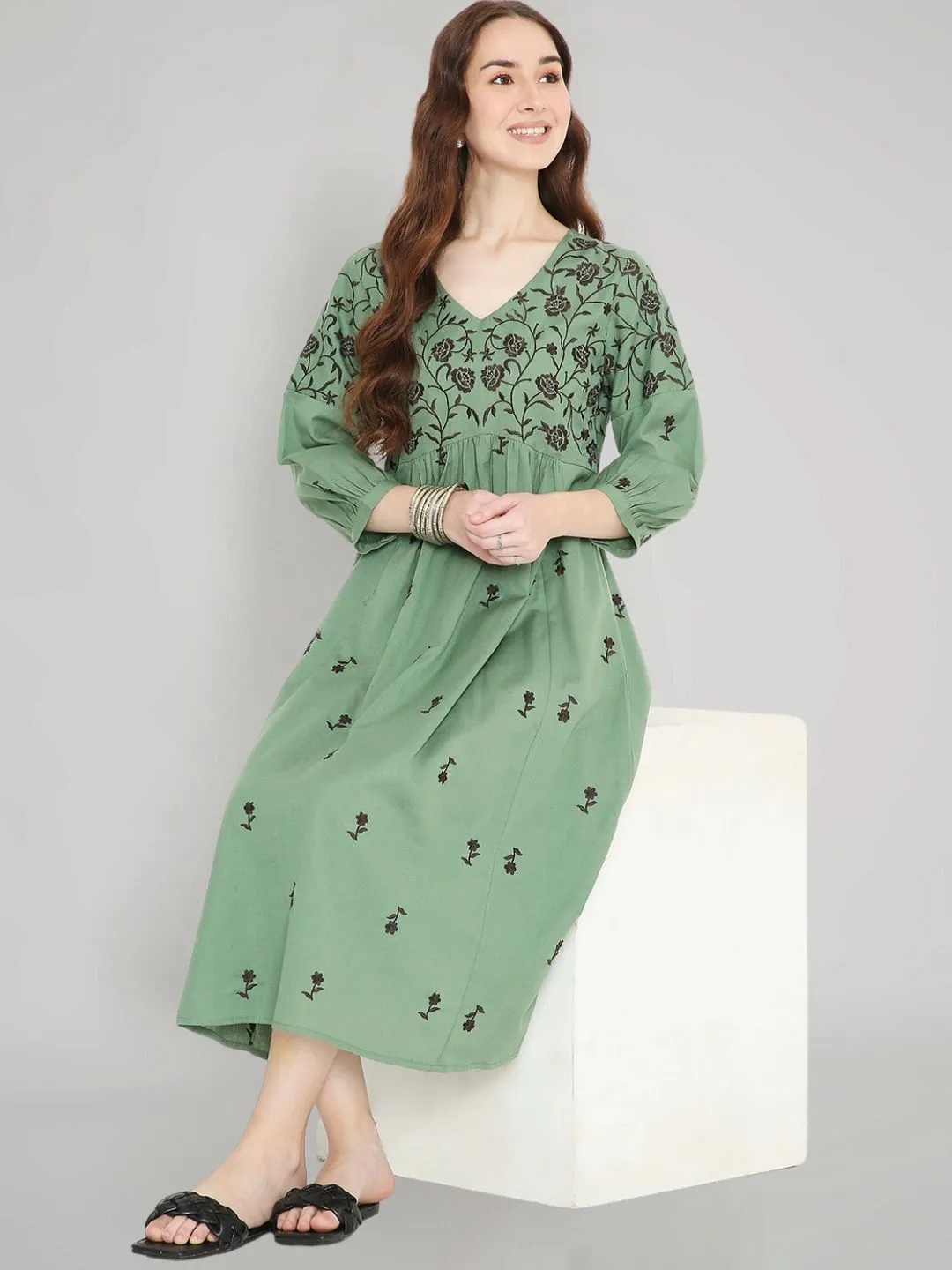 Green Boho Embroidered Cotton Midi Dress