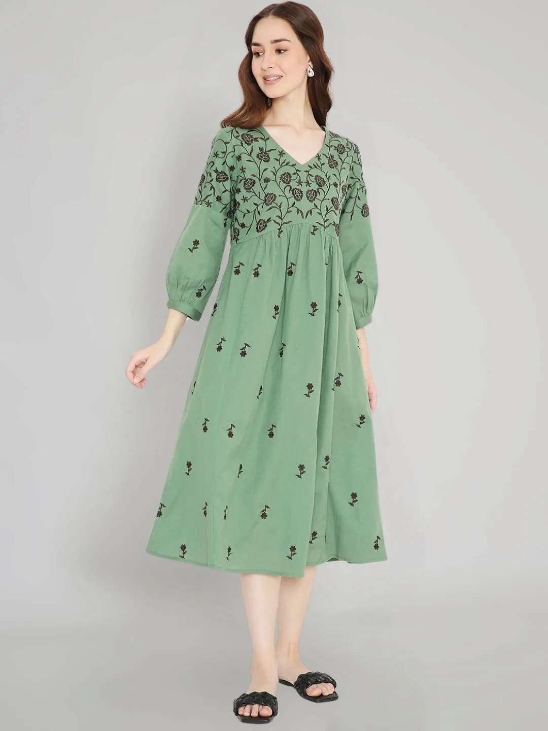 Green Boho Embroidered Cotton Midi Dress