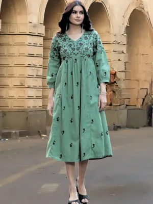 Green Boho Embroidered Cotton Midi Dress