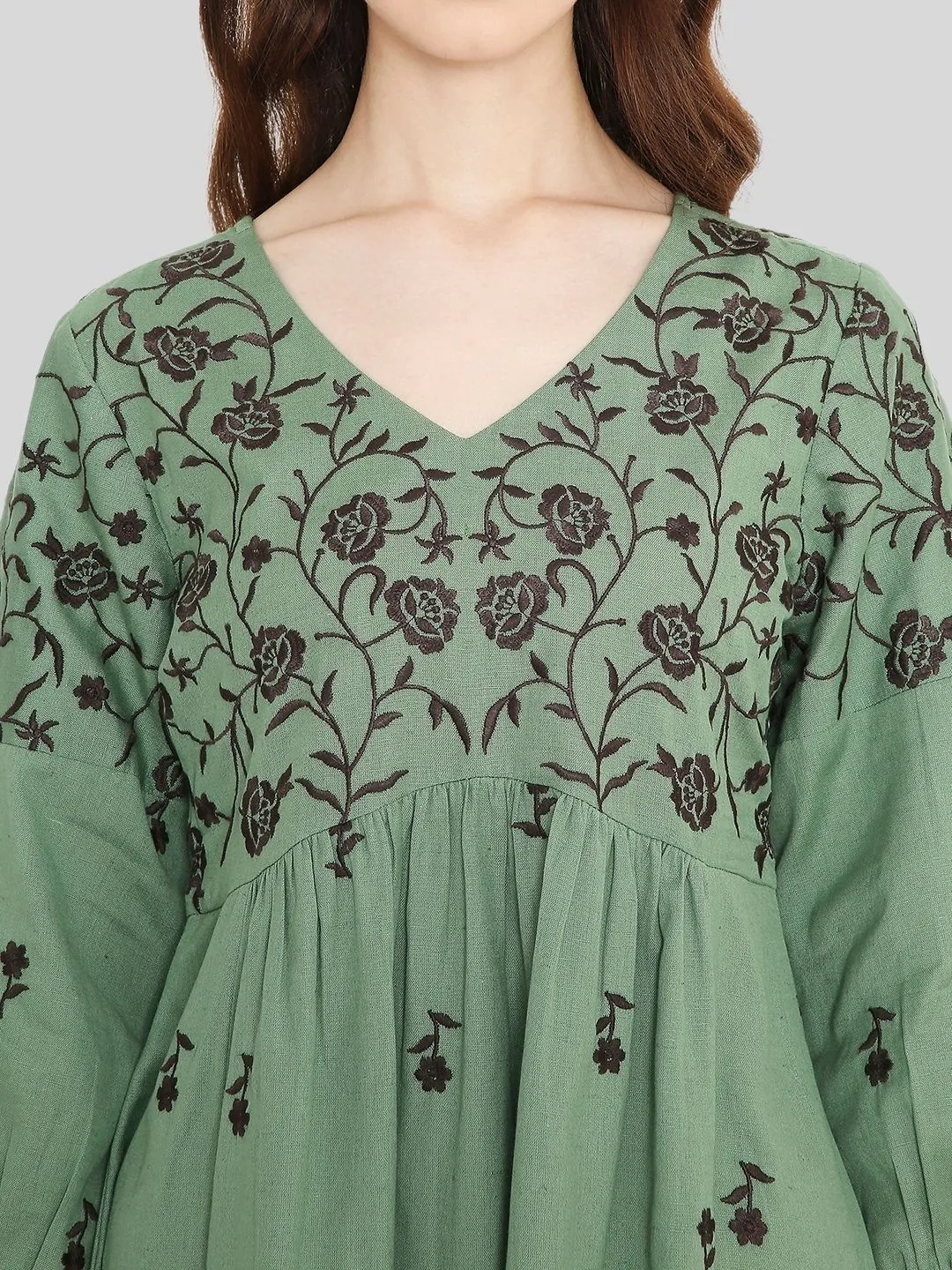 Green Boho Embroidered Cotton Midi Dress
