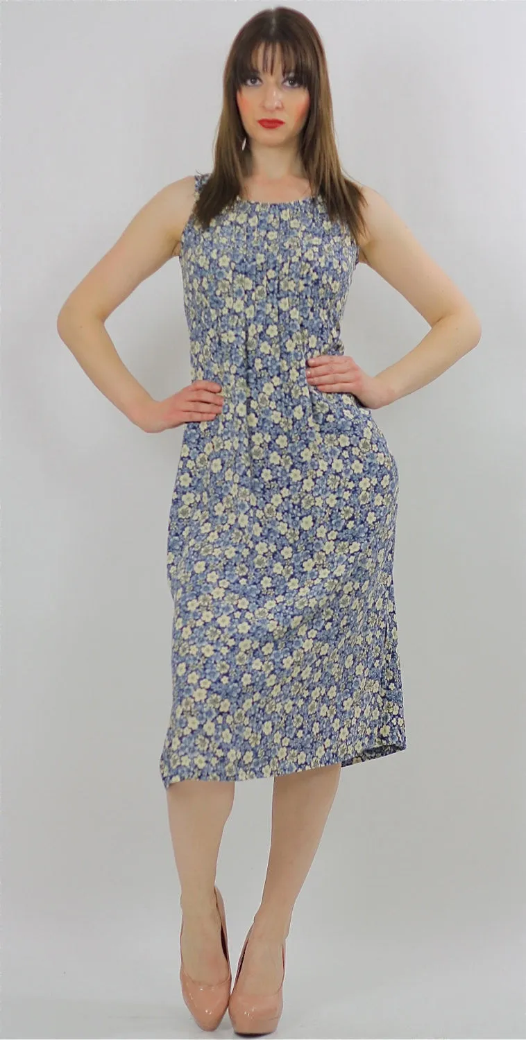 Grunge Blue white floral dress pleated sleeveless sundress  S