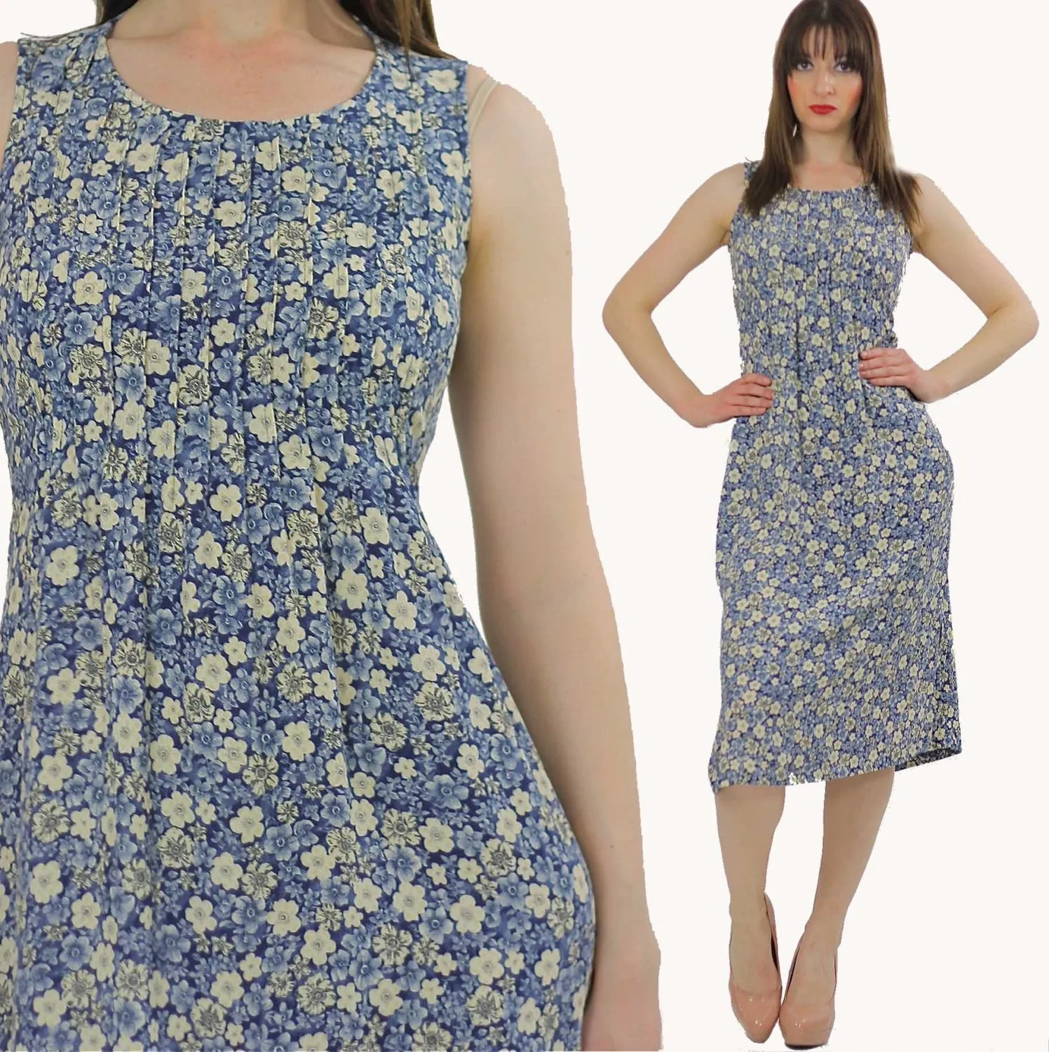 Grunge Blue white floral dress pleated sleeveless sundress  S