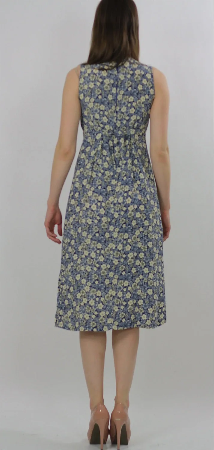 Grunge Blue white floral dress pleated sleeveless sundress  S