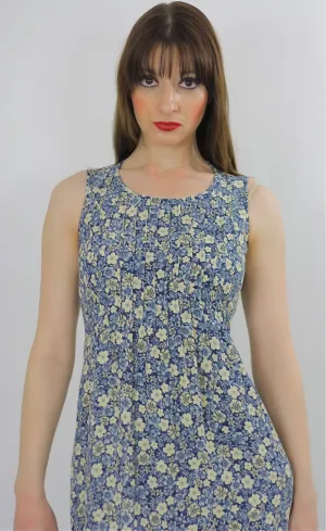 Grunge Blue white floral dress pleated sleeveless sundress  S