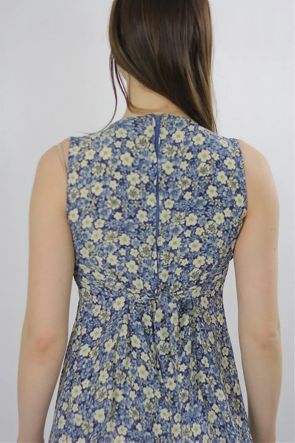Grunge Blue white floral dress pleated sleeveless sundress  S