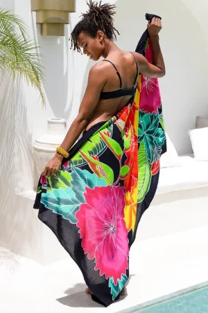 Hand-Painted Floral Sarong Wrap - Beach Cover-Up by SHU-SHI