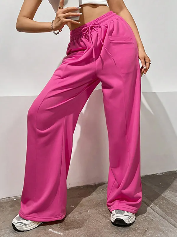 High Waisted Loose Drawstring Elasticity Solid Color Pants Trousers