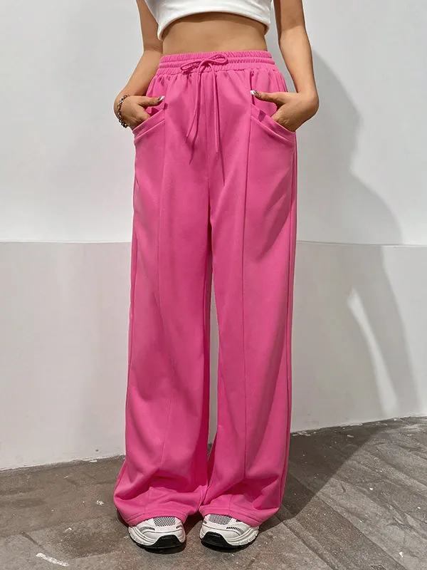 High Waisted Loose Drawstring Elasticity Solid Color Pants Trousers