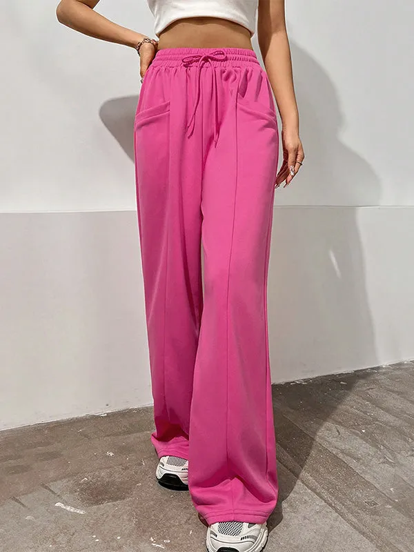 High Waisted Loose Drawstring Elasticity Solid Color Pants Trousers