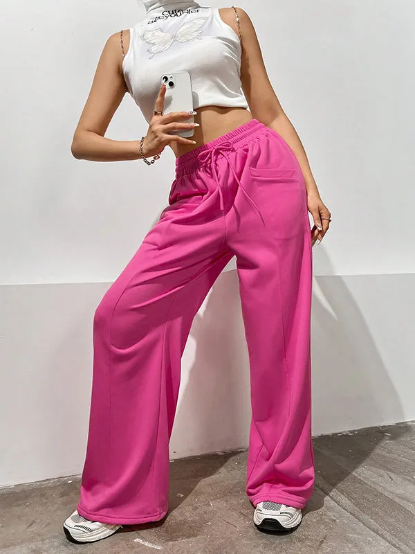 High Waisted Loose Drawstring Elasticity Solid Color Pants Trousers
